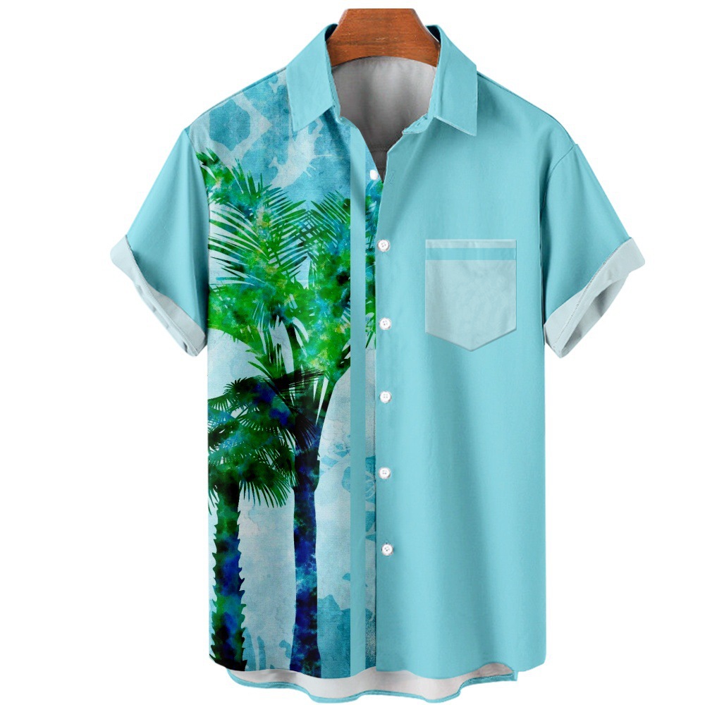 2023 Amazon nuevo transfronterizo Hawaiano planta color bloque patrón de impresión más tamaño de bolsillo de los hombres camisa de manga corta