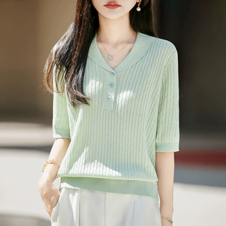 老钱风翻领麻花针织衫女短袖T恤2026夏薄V领气质打底半袖女装上衣