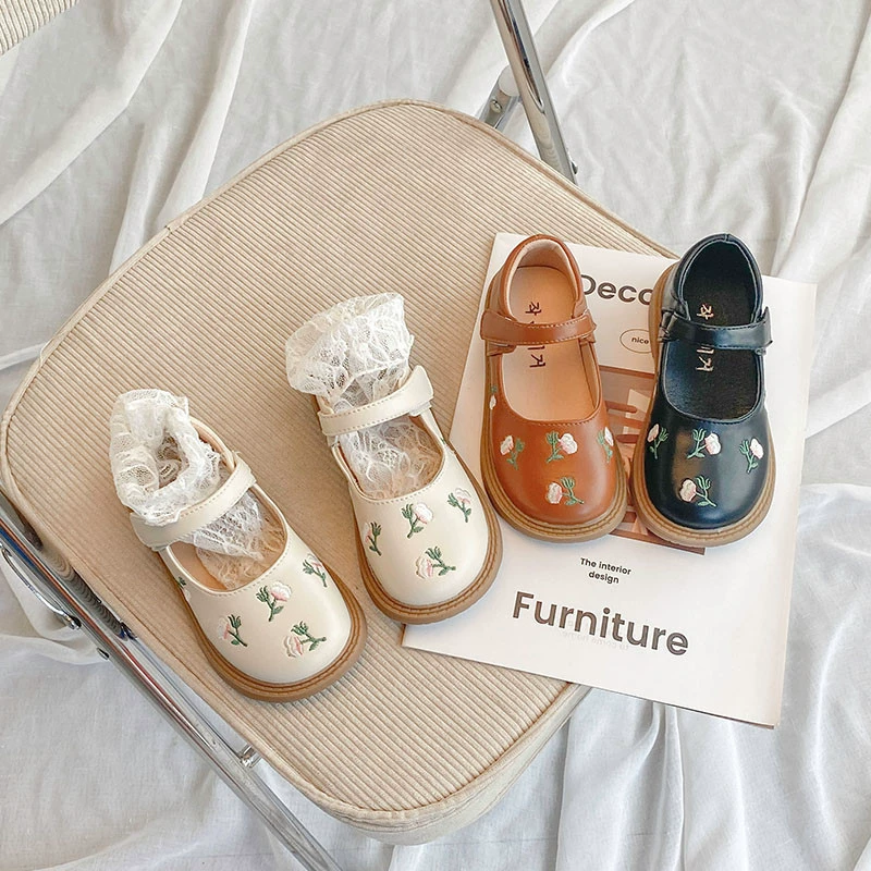 Маленькие кожаные туфли с вышивкой Guofeng для девочек, осенние туфли принцессы с цветочным принтом для девочек, одиночные туфли для танцев с круглым носком, 2022