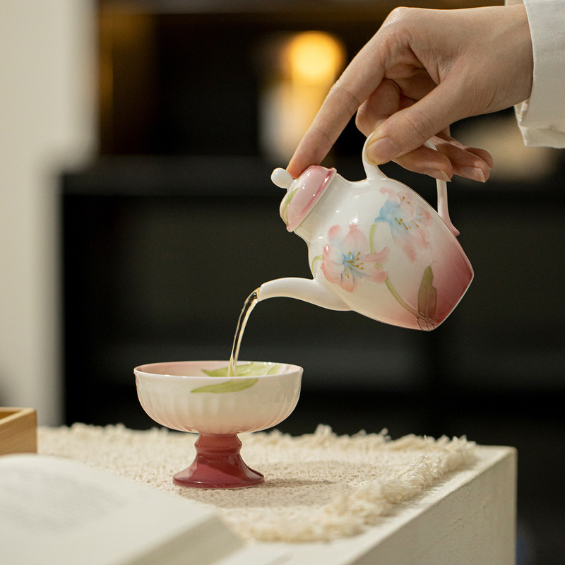 墨己绯粉露染牡丹手绘有田烧茶具合集功夫茶具陶瓷茶壶主人杯茶杯|undefined