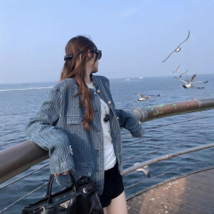 老钱调小众肌理感牛仔外套女春秋新款气质花呢蓝色小香风短款夹克