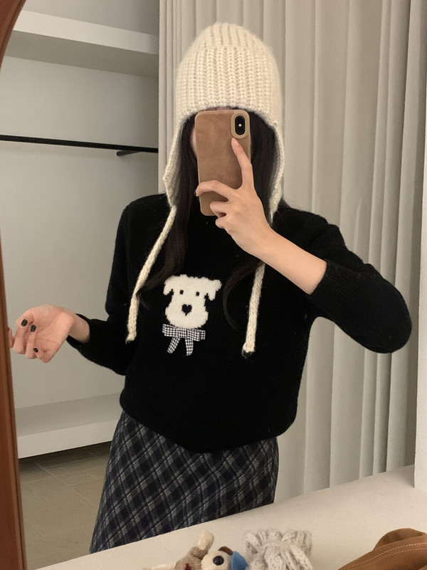 秋季新款！韩系高品质全羊毛格子领结小狗百搭休闲舒适针织衫|undefined