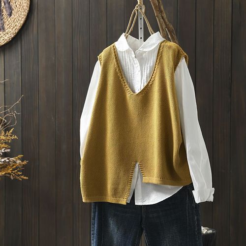 Irregular Hem Cotton Knit Vest Women's Autumn Wear New Retro Literary Loose V-Neck Hooded Shoulder Cardigan