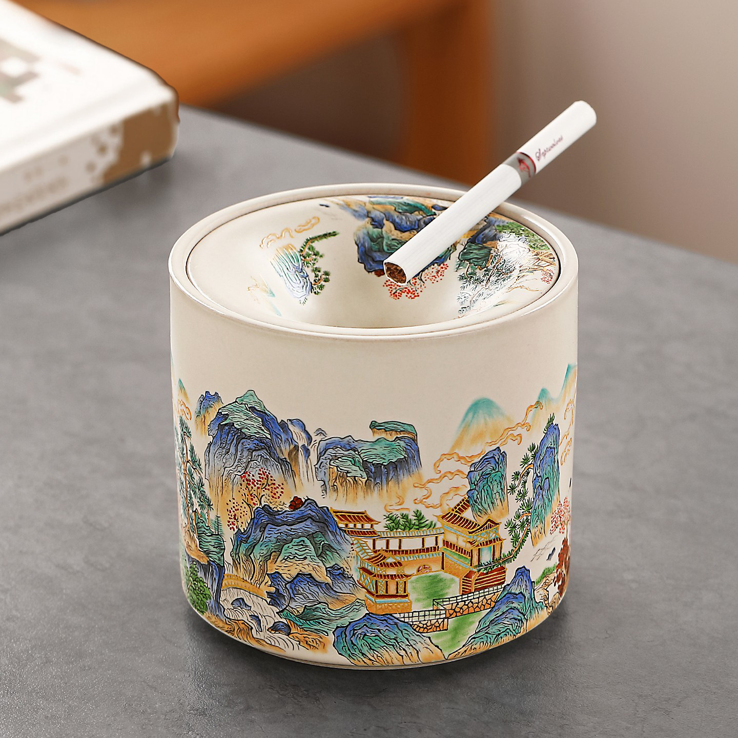 汝窑山水雅居漏斗式灰缸带盖建水陶瓷茶渣缸水盂茶水缸笔家用