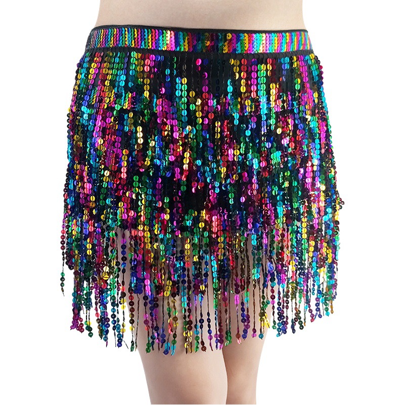 Halloween cross-border belly dance performance clothing four-layer tassel waist chain sexy bossimi hip towel waist towel sequined skirt for women