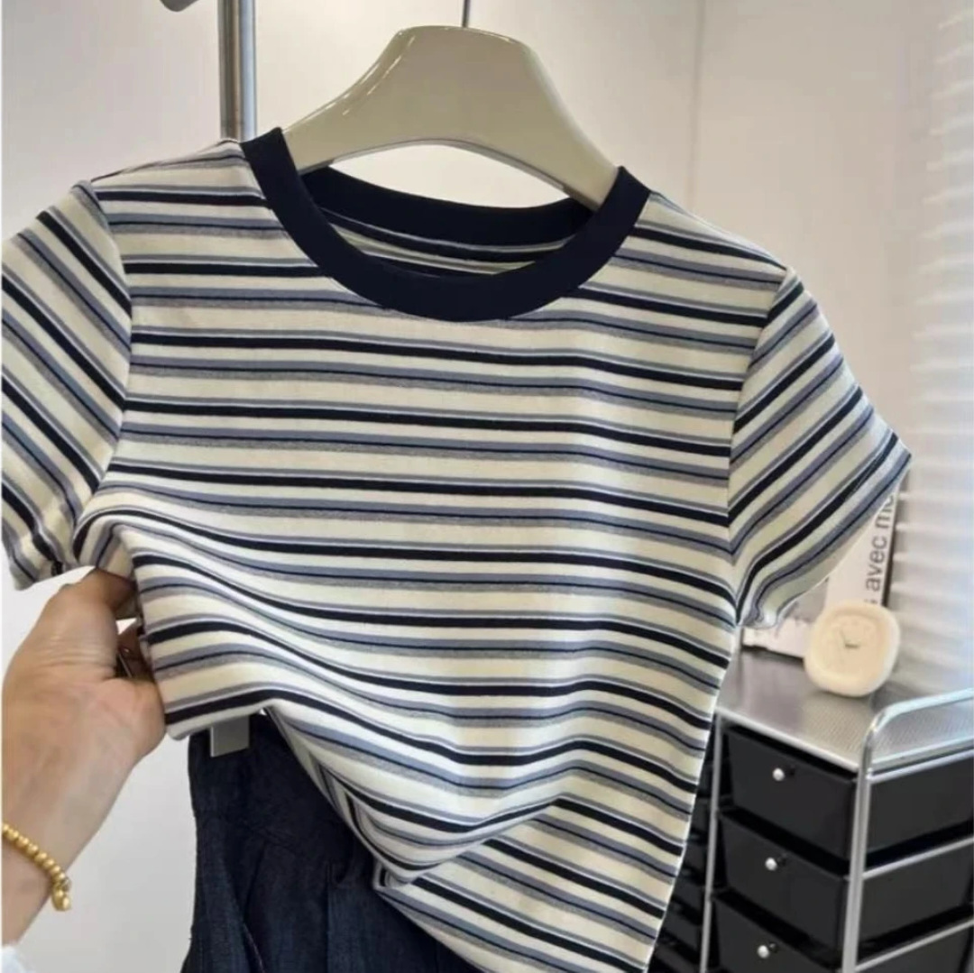 美式撞色条纹纯棉t恤女夏季正肩圆领修身显瘦少女感短袖女装上衣