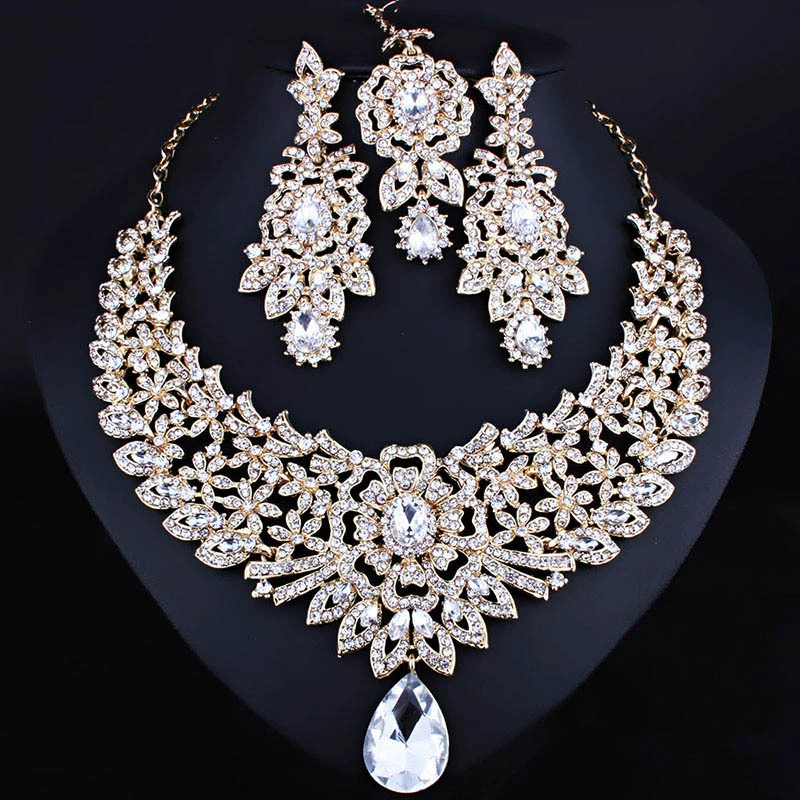 Jewelry for bride, necklace and earrings, set, dress, accessory, European style, India, 3 piece set, light luxury style