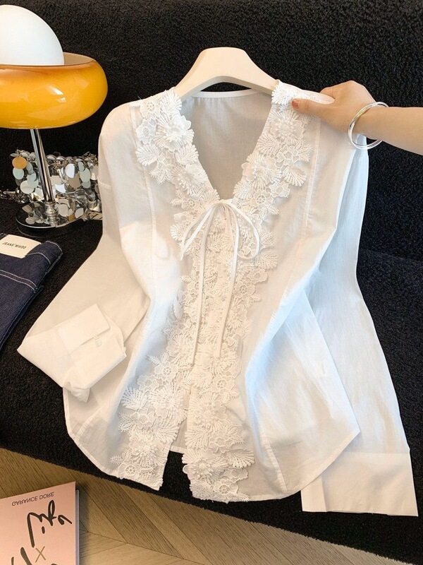 2026 New Summer Style Lace V-Neck Lace-Up Sun-Protective White Shirt, Loose and Comfortable Elegant Top for Women