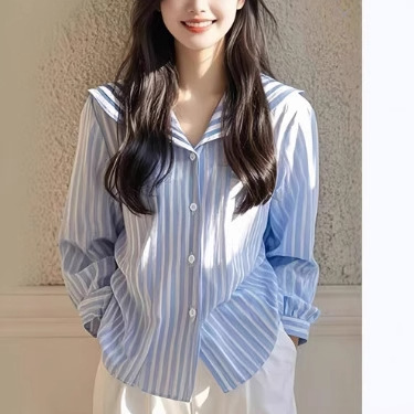 Blue Striped Navy Collar Blazer Coat Spring and Autumn Design Women's 2025 New Arrival High-end Top Fashion Trendy