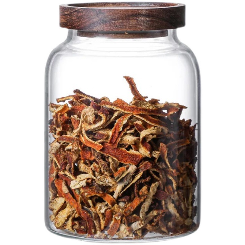 Fábrica al por mayor Acacia TAPA DE MADERA tarro de vidrio borosilicato vidrio sellado tarro de cocina granos de almacenamiento tarro de mandarina