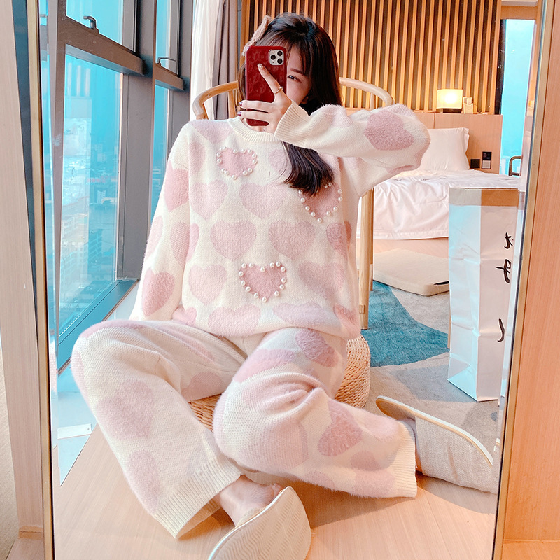 New Soft Pajamas Women's Autumn and Winter Thickened Mink Wool Knitted Two-piece Home Clothes Cute and Sweet