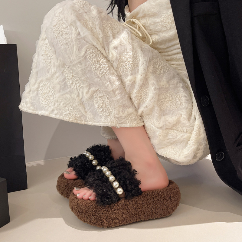 巨好看厚底毛毛拖鞋女外穿2025新款秋冬季配裙子珍珠加绒一字棉拖|undefined