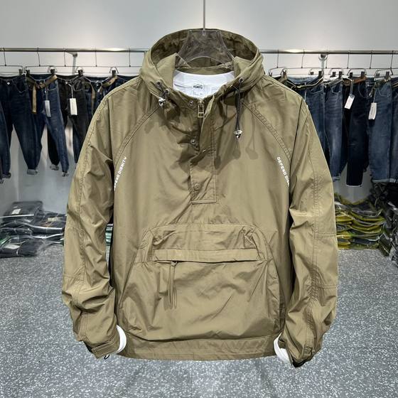Spring New Men's Workwear Big Hood Top Zipper Pocket Pullover Rusher Casual Loose Jacket Trendy