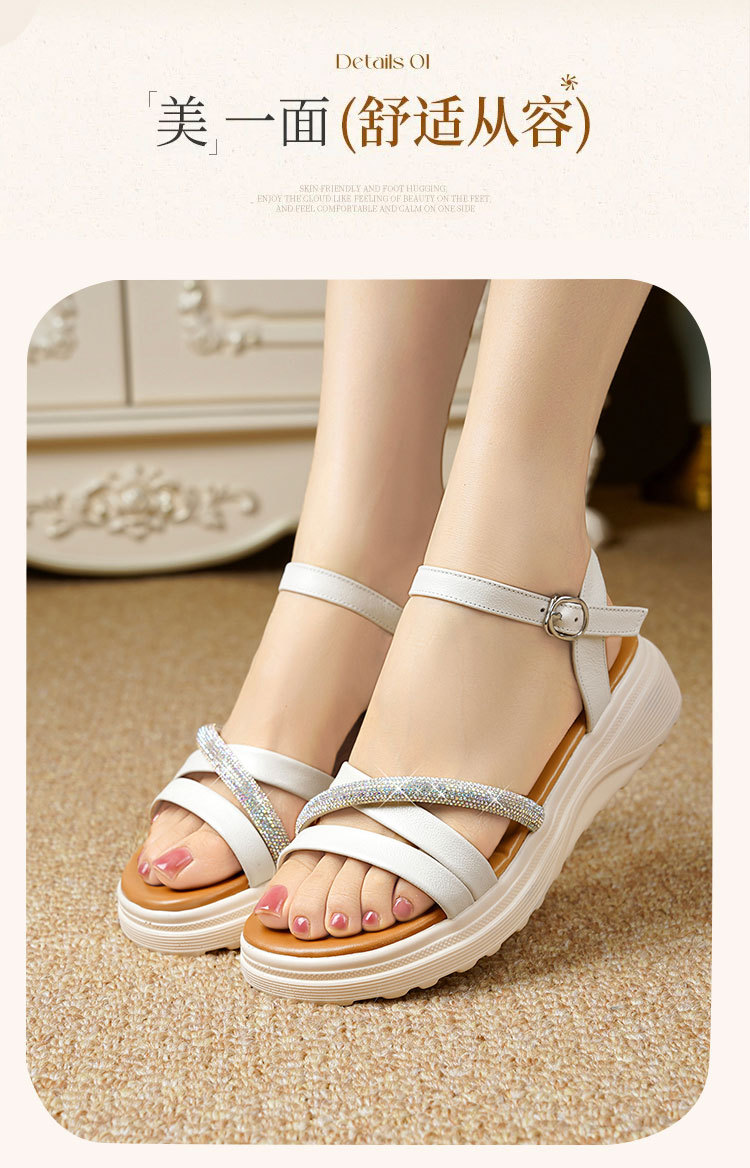 Sandal nữ đế xuồng cao gót đính đá da bò mềm — Trắng kem【Da bò lớp đầu】 chi tiết 17