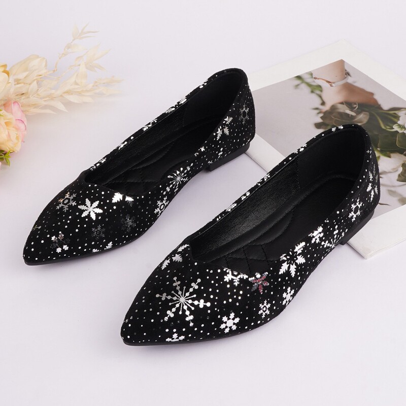 2025 New Christmas Shoes Suede Silver Snowflake Flat Shoes Women's Pointed Toe Shallow Mouth Large Size Women's Shoes