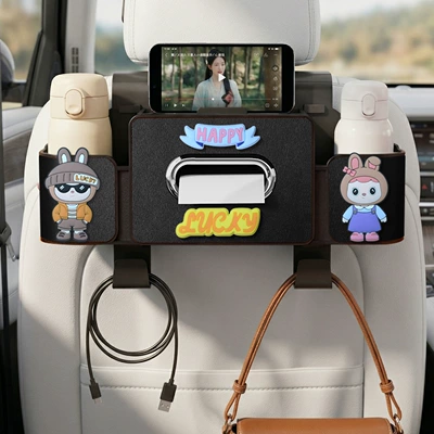 Car tissue box/set phone holder, hanging rear seat - happy-couple-4-in-1-seat-storage-box-4th-generation-black