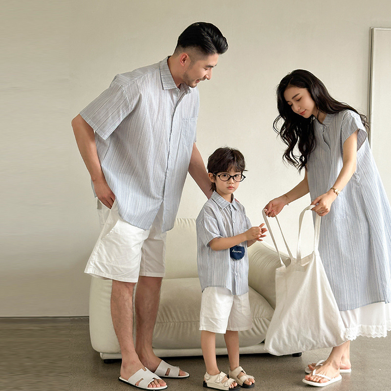 Chinese-style Parent-child Dress 2025 Summer New Mother-Dresses Short-sleeved Shirt Family Three-Mouth Strip Pattern Long Dress Mother-child All-match Chinese-style Parent-child Dress 2025 Summer New Mother-Dresses Short-sleeved Shirt Family Three-Mouth Strip Pattern Long Dress Mother-child All-match