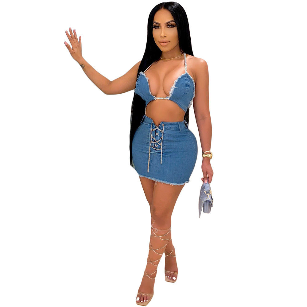 high-elastic denim halter neck strap camisole short skirt set NSNJD125826