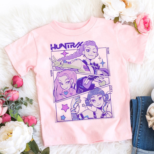 Kpop Demon Hunter T-shirt, children's cartoon anime meme print clothes, round collar basic boy's top casual