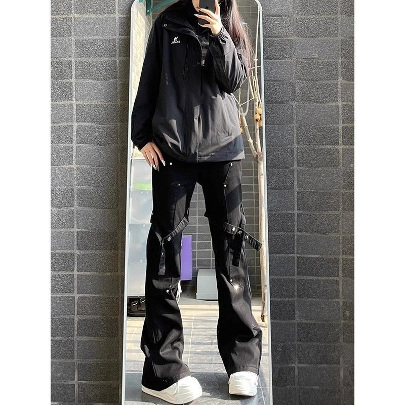 Trendy Denim Jeans with Rivets, American Style Pants for Women, Lace-Up, Slightly Flared, Lumberjack High Street Workwear Casual Design Straight-Leg Trousers