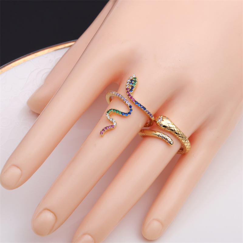 Fashion Colorful Oil Snake-shaped Open Green Zircon Copper Ring display picture 9