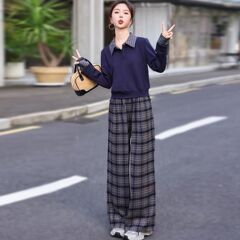 韩风chic一整套女2025秋季洋气减龄长袖上衣格子阔腿裤休闲两件套