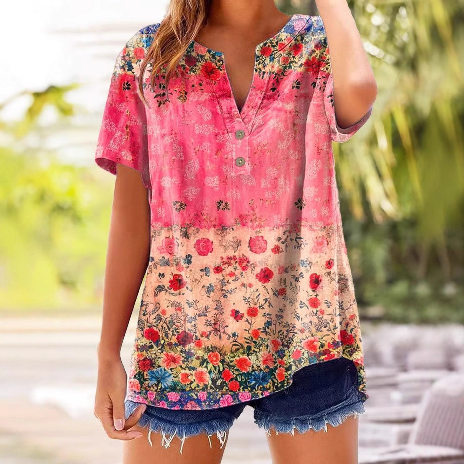 Amazon Loose Shirt Casual Short-Sleeved Women's Summer Printed V Neck Pullover 25 Years European and American Cross-Border New Style