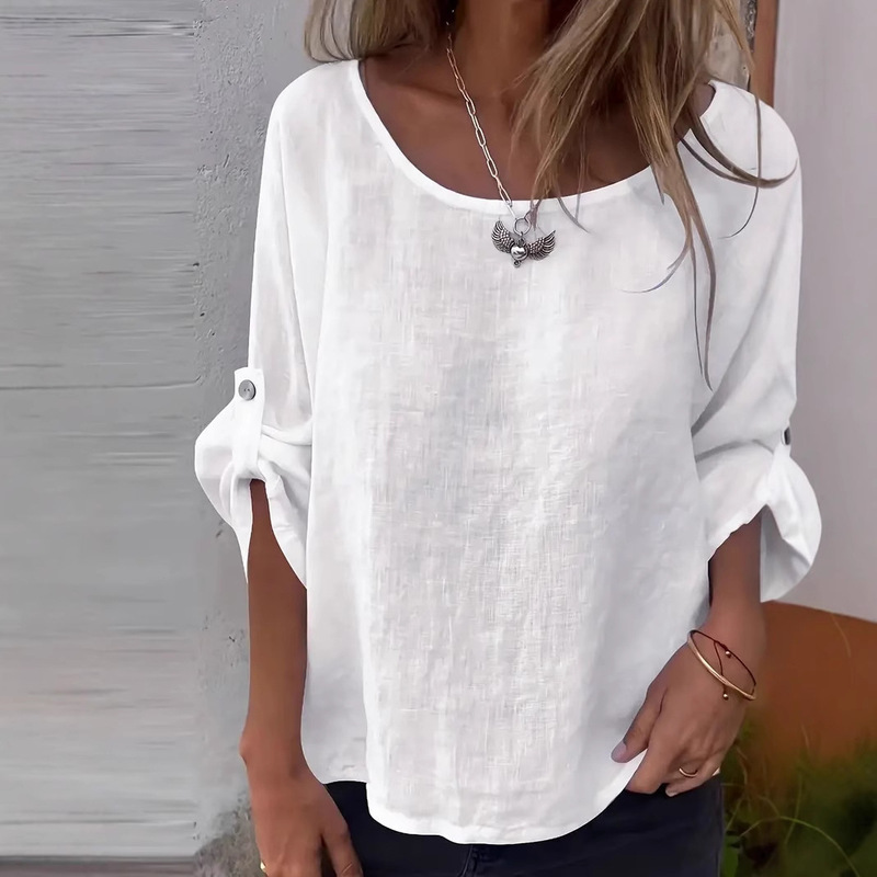 Solid Color Round Neck Shirt Casual Fashion Simple Design Women's Elegant Shirt Elegant Directional Casual All-match