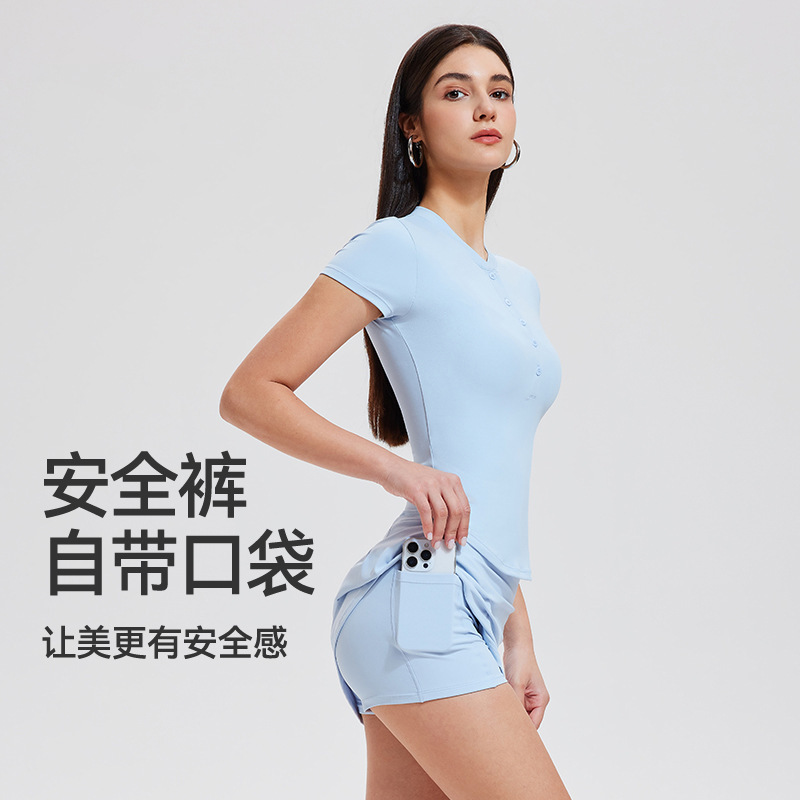 纯色短袖套装女亨利衫夏透气修身显瘦辣妹裸感速干短裙运动套装女|undefined