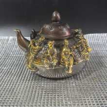 批发仿古纯铜茶壶鎏金浮雕八仙酒壶老式铜壶水壶工艺品摆件装饰品