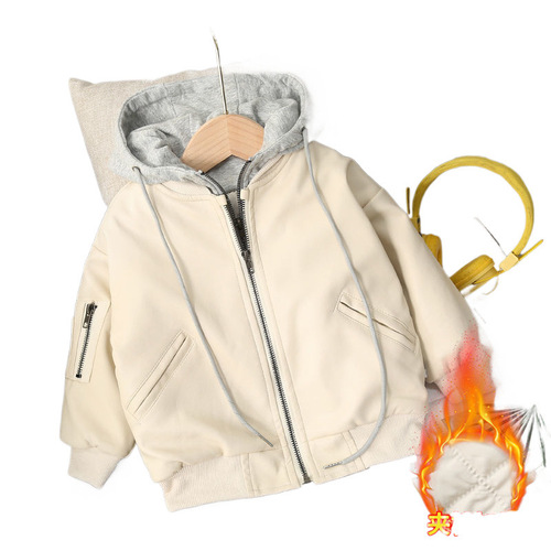 Children's winter padded leather jacket 2025, unisex faux two-piece leather jacket for toddlers, fashionable outerwear for babies