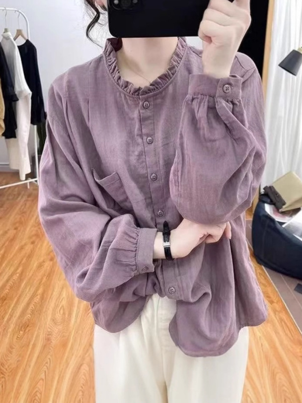 纯色长袖棉麻衬衫女春秋复古小个子宽松时尚百搭显瘦衬衣打底外穿|undefined