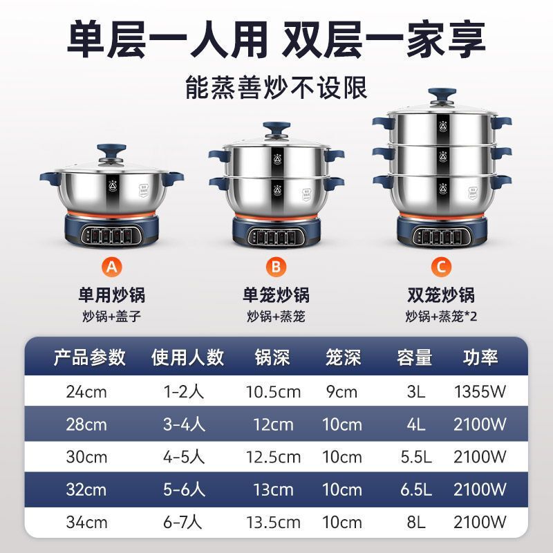 三角ブランド電気中華鍋多機能家庭用蒸しと炒めオールインワン電気中華鍋 304 ステンレス鋼未塗装電気鍋|undefined