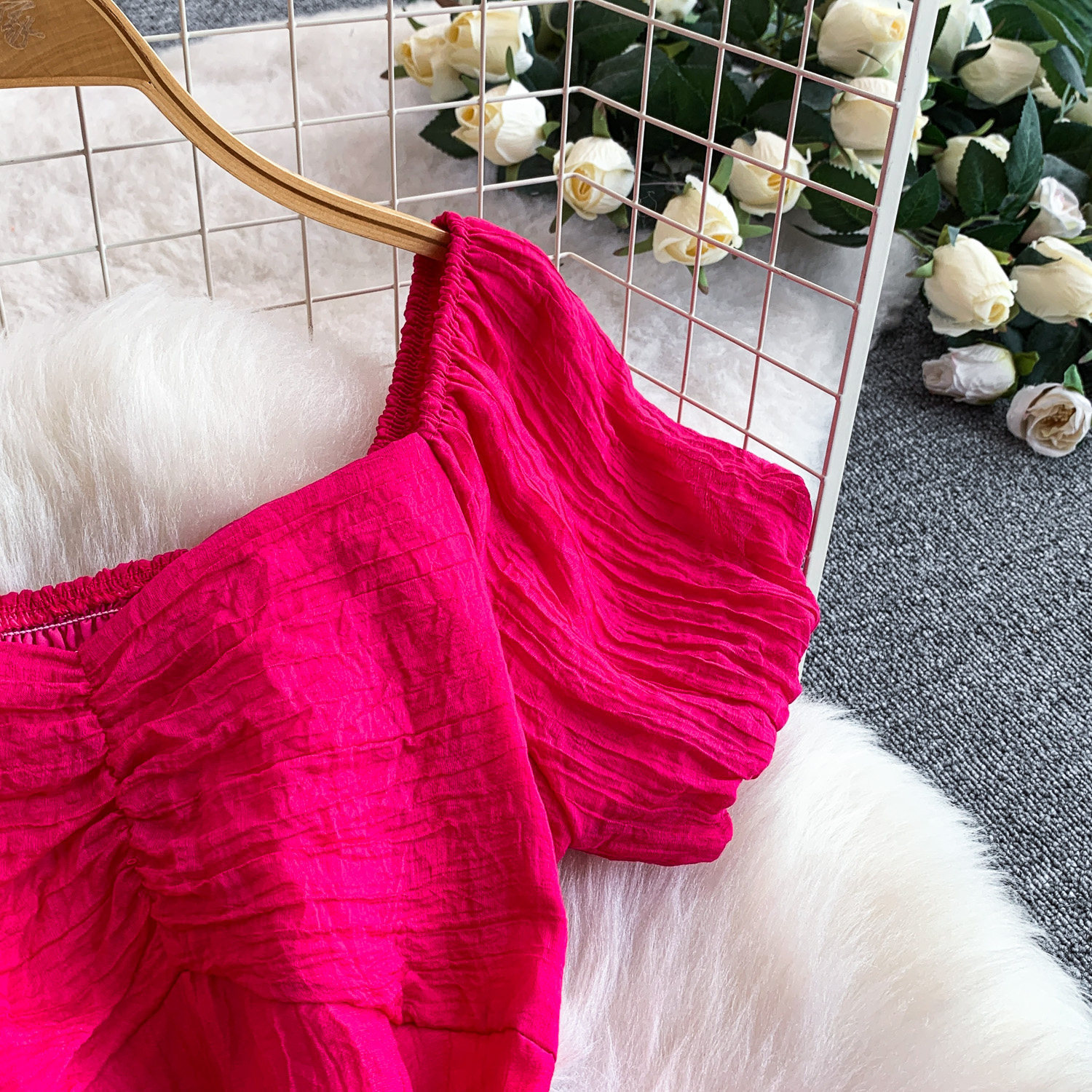 Women's French Style Elegant Square Neck Puff Sleeve Dress Casual Slit Long Skirt Pleated Waist Slimming Summer Style_ecoleips.com