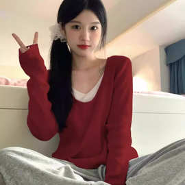 设计感早秋韩系修身显瘦慵懒风假两件长袖T恤小众辣妹性感上衣ins