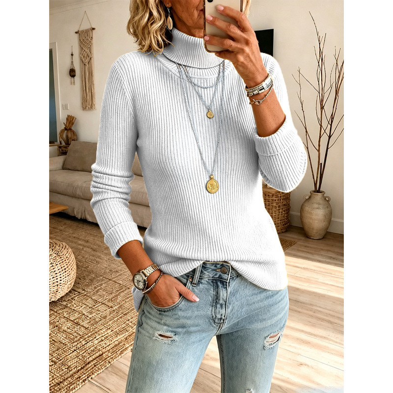 2026 European and American cross-border new high-neck solid-color ribbed knit sweater for women, slim-fit and flattering, perfect as a base layer for autumn and winter 2026 European and American cross-border new high-neck solid-color ribbed knit sweater for women, slim-fit and flattering, perfect as a base layer for autumn and winter