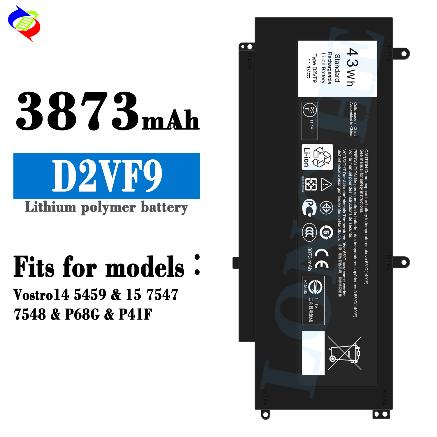 适用戴尔D2VF9笔记本电池Vostro14 5459/15 7547/7548/P68G/P41F