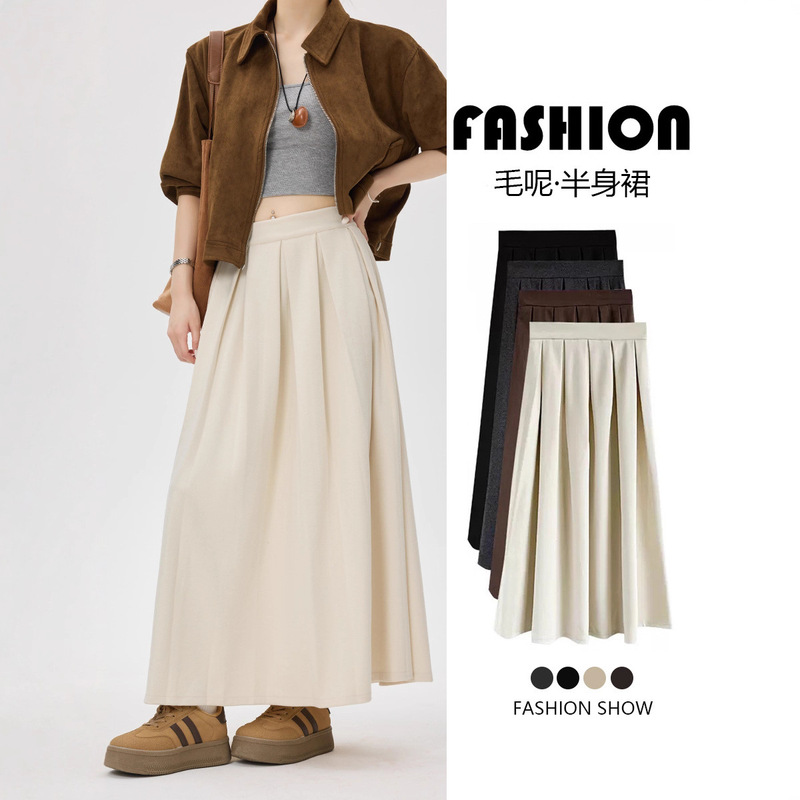 Woolen Pleated Skirt Autumn and Winter New Plus Size High Waist Slimming Look A-Line Half-Length Skirt Large Hem Winter Skirt Woolen Pleated Skirt Autumn and Winter New Plus Size High Waist Slimming Look A-Line Half-Length Skirt Large Hem Winter Skirt
