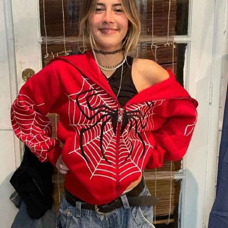 2023 cross-border spider web zipper sweater women's casual trendy hoodie spring and autumn fleece American coat