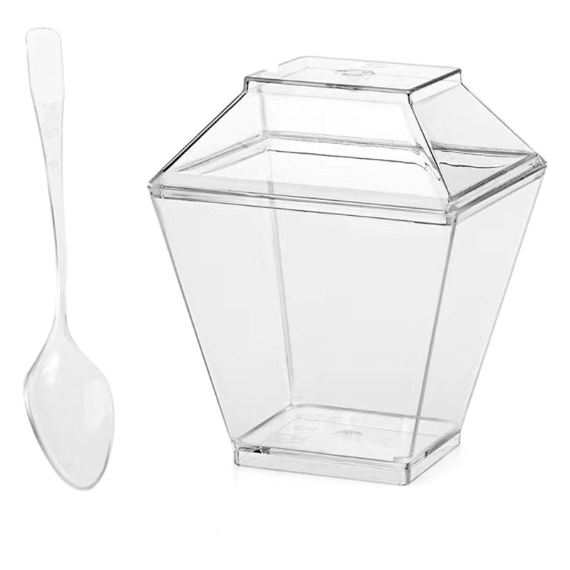 Traje 60ml taza de mousse cuadrada con tapa y cuchara 2oz taza de postre taza de pudín transparente de plástico duro en caja en stock