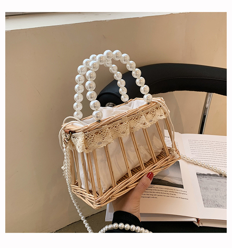 New Trendy Fashion Pearl Handbag Woven Vegetable Basket Bag Messenger Bag 22*14*11cm display picture 2