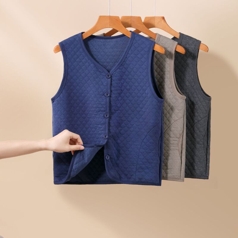 Men's Air Layer Quilted Thermal Vest Fashion V-Neck Single-Breasted Pocket Waistcoat Plus Size Casual Top