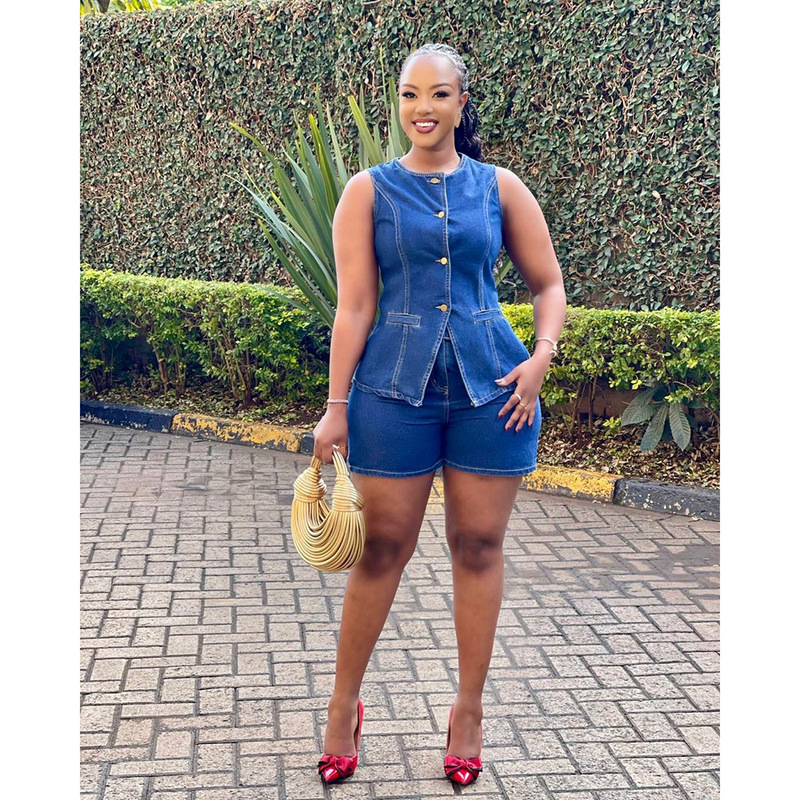 Cross-Border Timu Foreign Trade Hot-Selling European and American Trendy Denim Sleeveless Tops and Shorts Suits Ready-Made Wholesale Suits