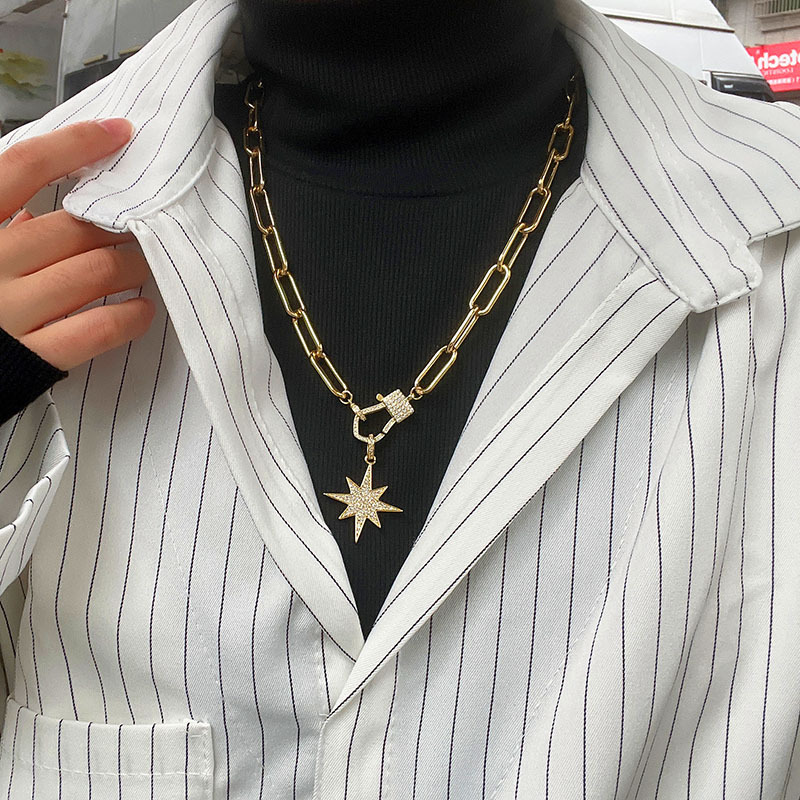 Cross-border New Arrival Hip Hop Cool Asterism Necklace For Men And Women In Stock Direct Supply European And American Simple Copper-plated Gold Inlaid Zirconium Sweater Chain display picture 6