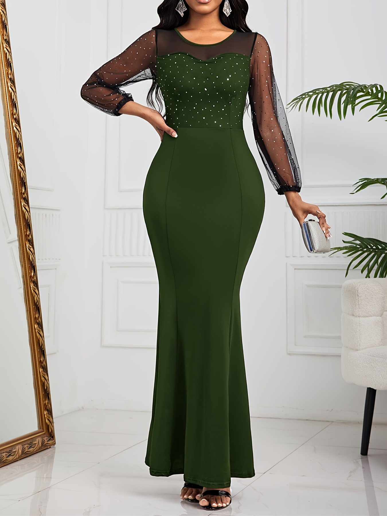 Women's Clothing elegant dress solid color mesh sequin stitching high waist long slim evening dress_voghion.com
