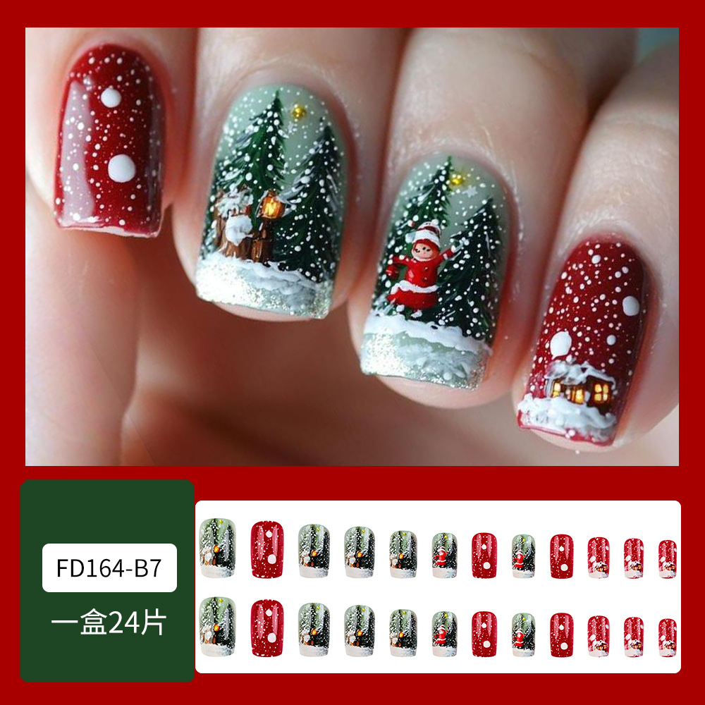 Navidad temática nieve larga manicure, cabaña de nieve transfronteriza, 24 piezas de parche de uñas terminado image 7