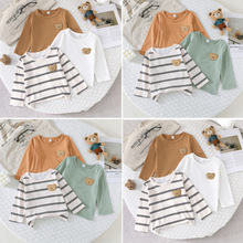 男童長袖T恤3件套 精品小熊刺綉兒童打底衫 春秋季基礎款條紋套裝