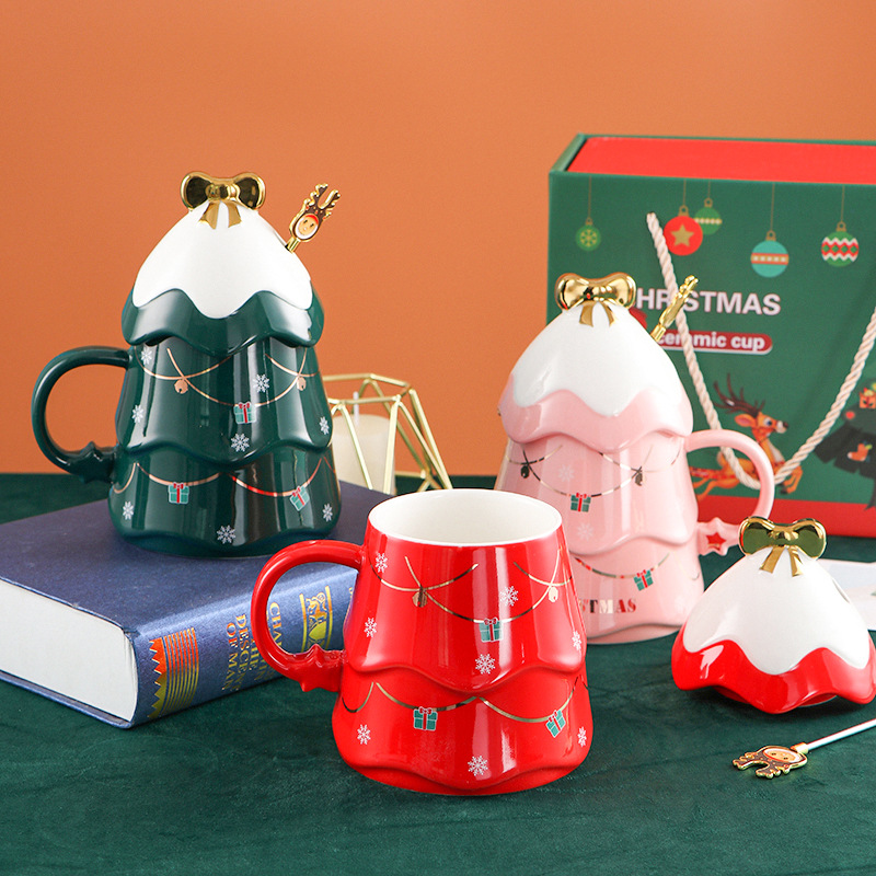 网红热销陶瓷杯圣诞树造型马克杯带盖带勺水杯咖啡杯情侣礼物杯子