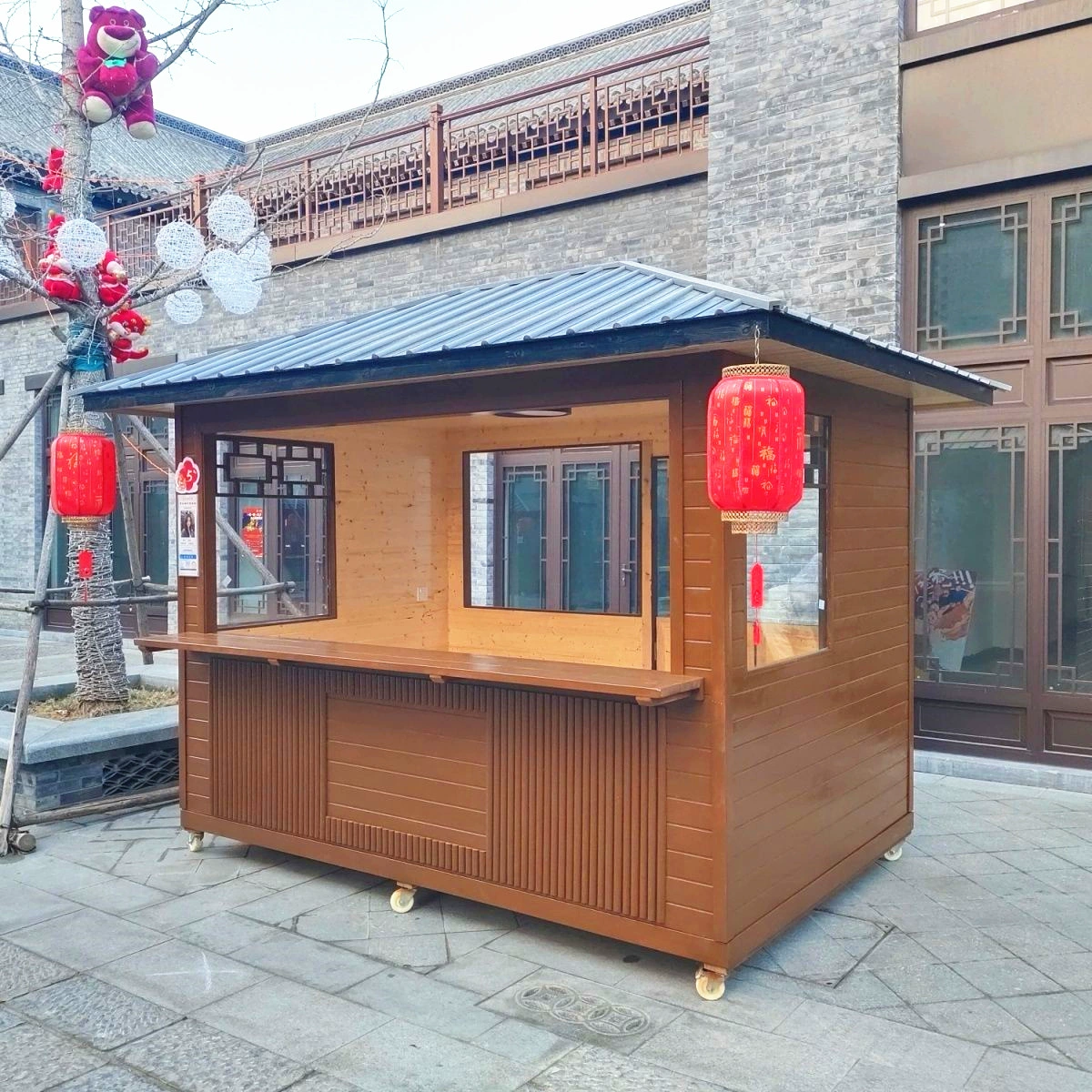 Открытый антикварный мобильный киоск Торговая улица Живописный билетный зал Ночной рынок Мобильный киоск закусочная тележка Антикоррозийный деревянный дом