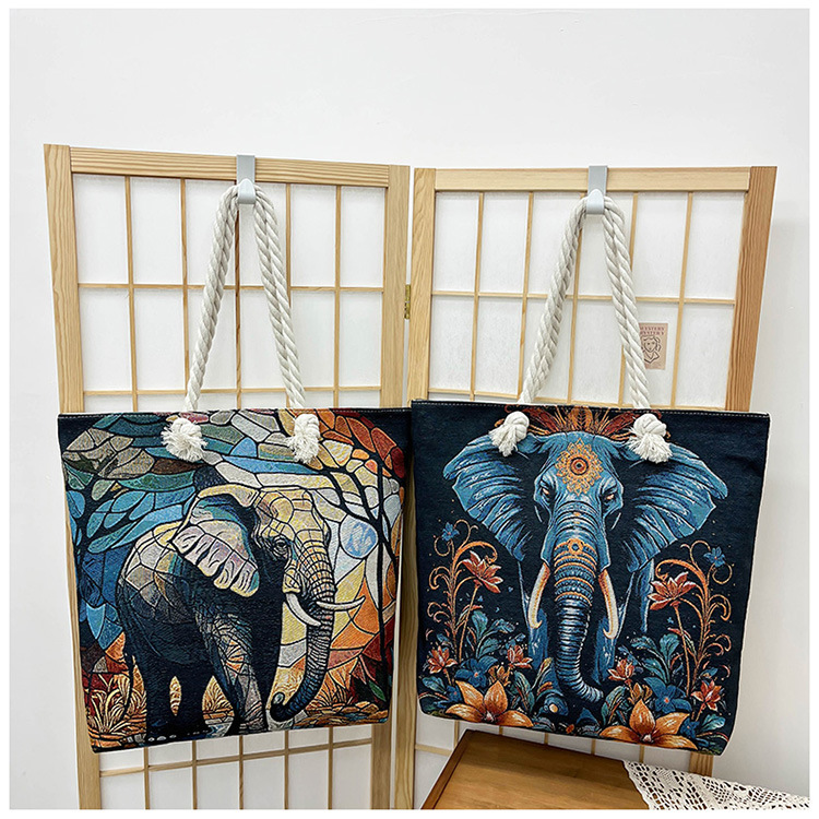 300g Weight Polyester Lining Material Zipper Closure Type Single Shoulder Strap Strap Type Tote Bag Bags Type Holiday, Travel Occasion Canvas Material Elephant Pattern All Seasons Season Women's Gender Ethnic Style, Classic Style Style Square Shape Medium Size Women's Medium Canvas Elephant Ethnic Style Classic Style Square Zipper Tote Bag 29